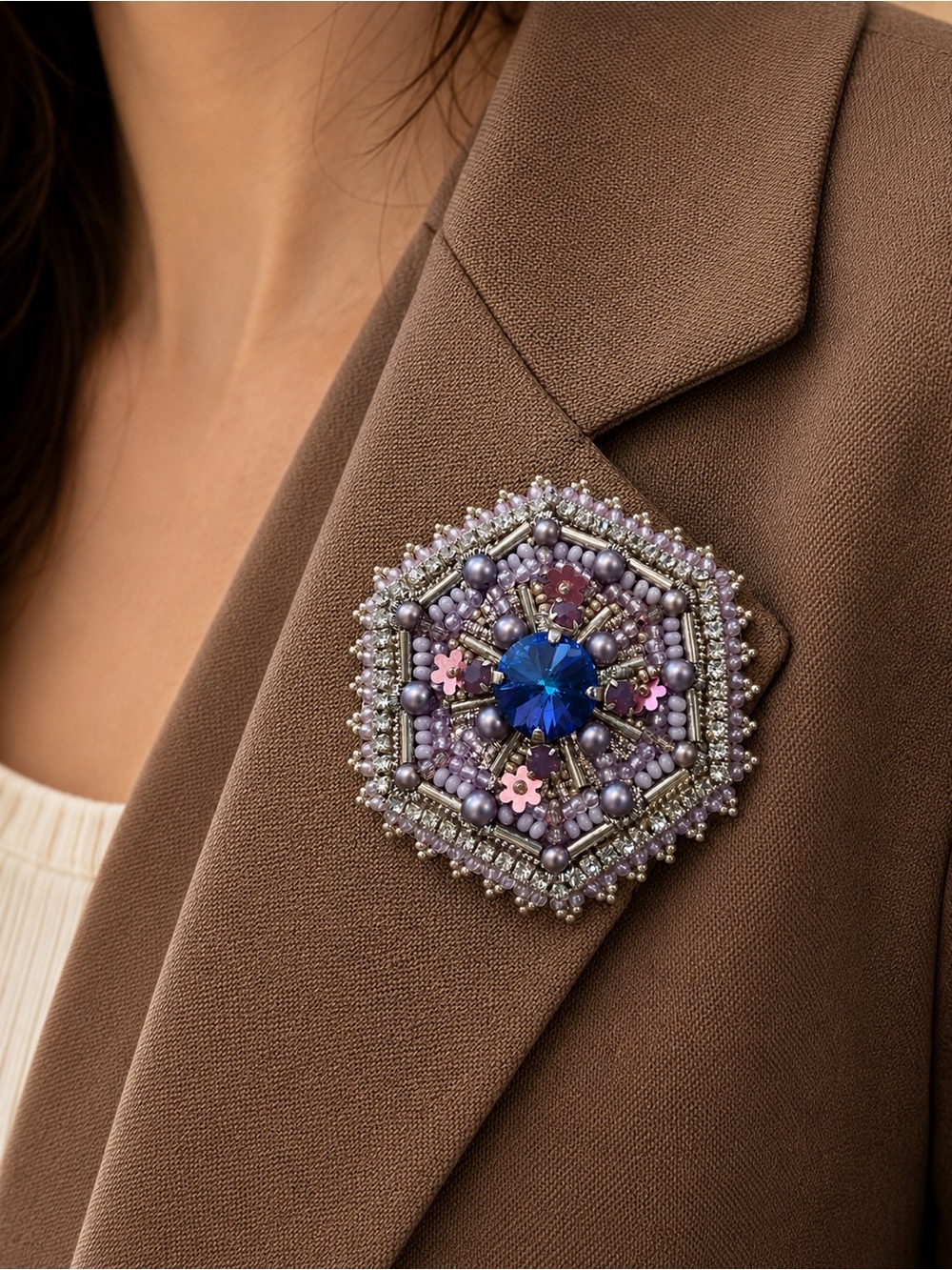 Handmade Beaded Brooch with Blue Crystal Center